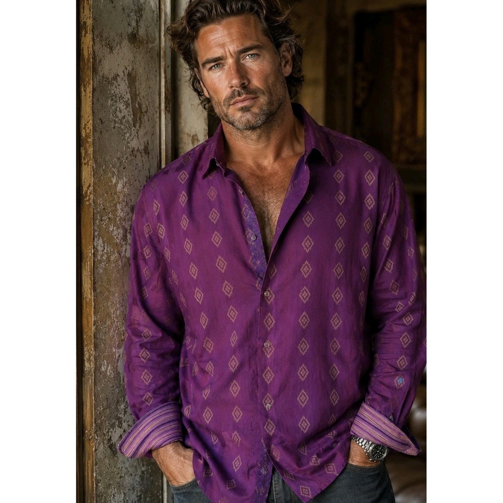 Robert Graham 2XL Men's Purple Geometric Jacquard Shirt Flip Cuff Luxury